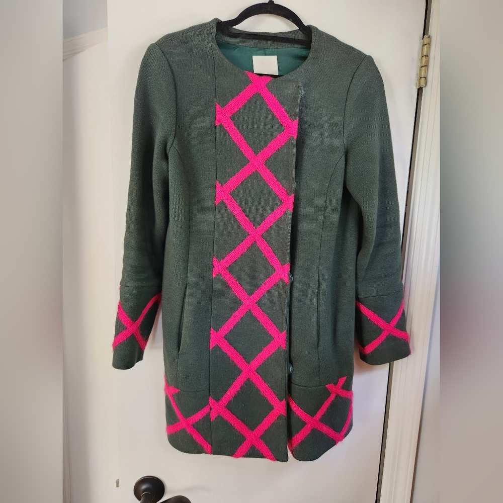 Anthropologie Elevenses Forest Green Jacket with pink details sz 4/8/36